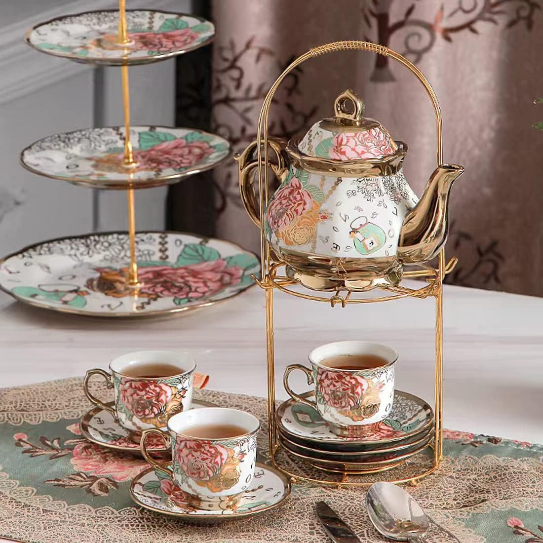CHANJOON sets Set, Sets Set 6 tea Gold Plated Red Rose Ceramic Tea Vintage Teapot Tea Beautiful Tea Coffee Serving