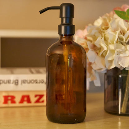1pcs 16 Oz Countertop Diahom Soap Dispenser Amber Glass Hand Dish Soap Dispensers Stainless Steel Pump for Kitchen Sink