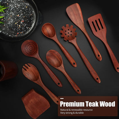 Kitchen Utensils Set, 16 Pcs Wooden Spoons for Cooking, Natural Teak Nonstick Spatula with Spoon Rest, Premium Quality