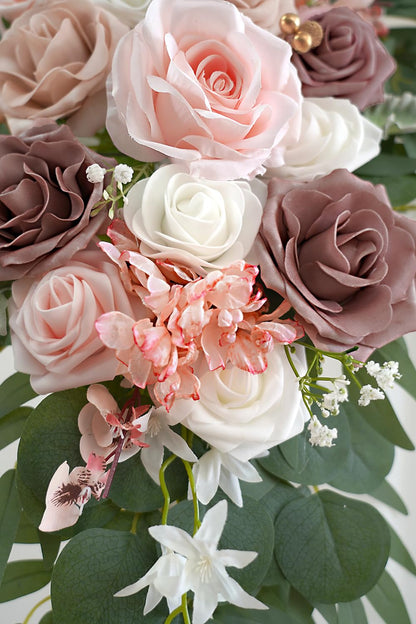 Olalaka Dusty Rose Artificial Wedding Arch Flowers Kit (Pack of 3) with 26Ft White Shiny Arch Draping Fabric for DIY Wedding Party Ceremony Reception Backdrop Floral Decoration
