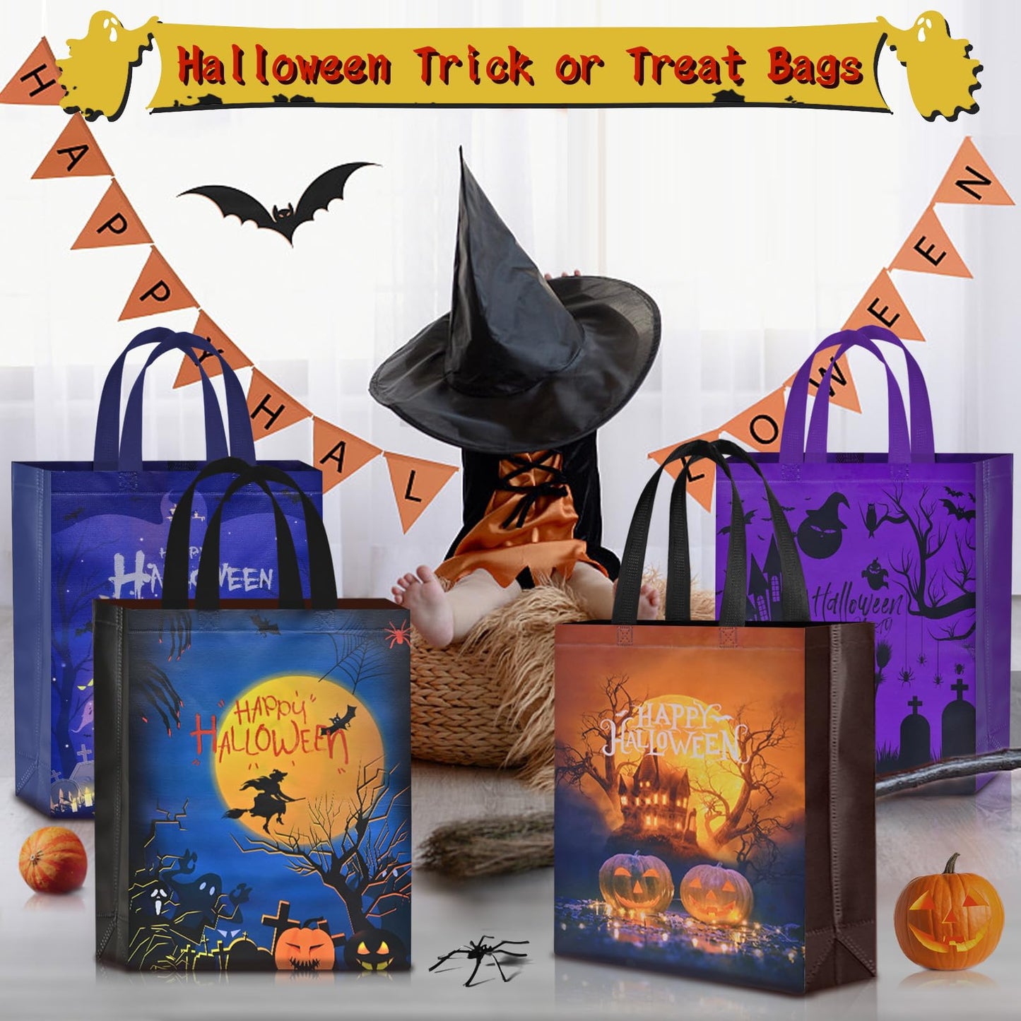 AhfuLife 12 Pcs Halloween Trick or Treat Bags, Large Candy Tote Bags with Handles, Reusable Non-Woven Gift Bag for Halloween Party Supplies Favors (15×11.8×3.9’’)