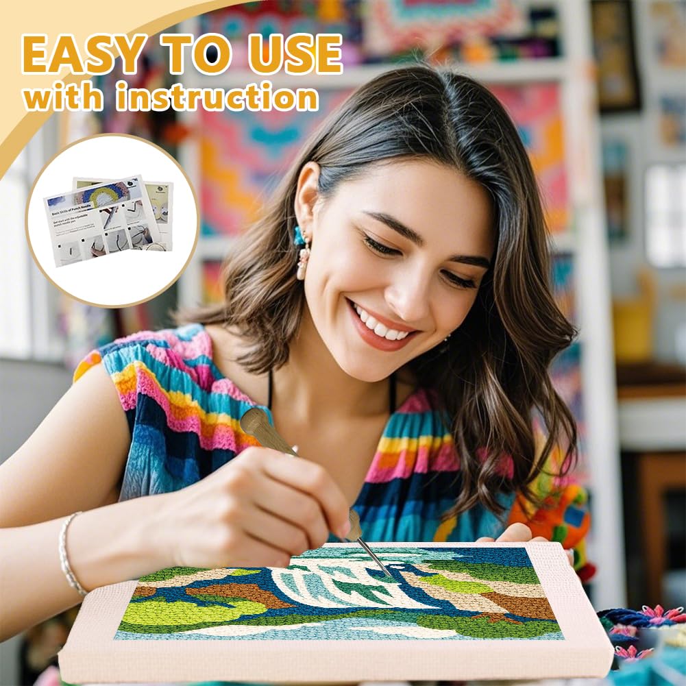 Doodlream Mountain Waterfall Landscape Needle Kit for Beginner, 9.4"x 9.4" Nature Punch Stitching Craft Set, Color DIY Embroidery Starter with Printed Frame, Instruction, Threader, Yarn, Pinch Needle