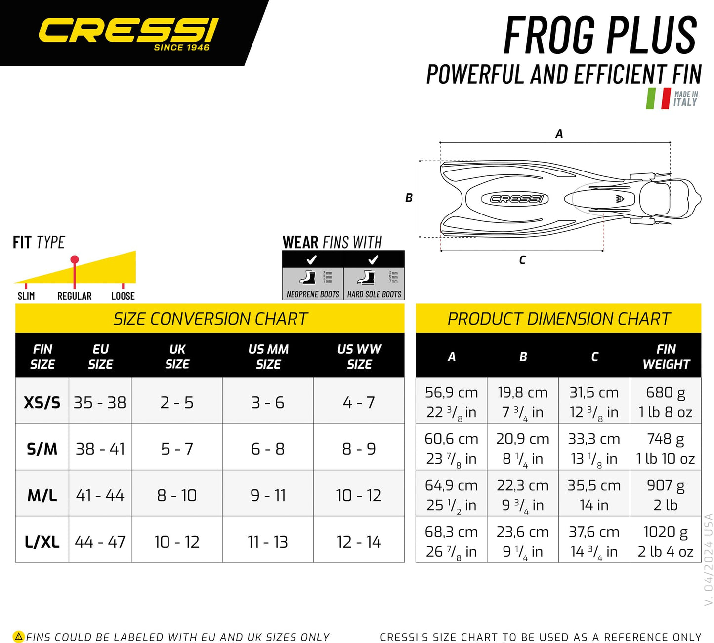 Cressi Frog Plus Fins, Black, Large/X-Large