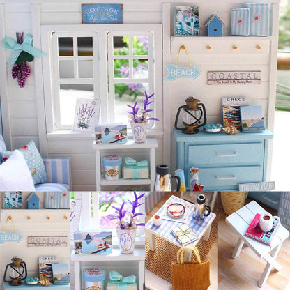 TuKIIE DIY Miniature Dollhouse Kit with Furniture, 1:24 Scale Creative Room Mini Wooden Doll House Accessories Plus Dust Proof for Kids Teens Adults(Beach Cottage)