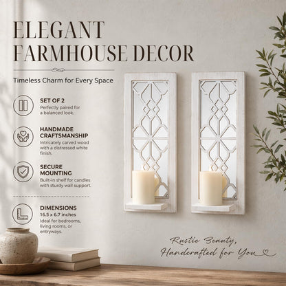ZEXUIRU 2 Set Rustic Candle Sconces Living Room Bedroom Entryway Wood Mirrored, Farmhouse, Carved Frame Wall-Mount Wooden Candle Holders Wall Decor Hanging Handmade Holder - Distressed White