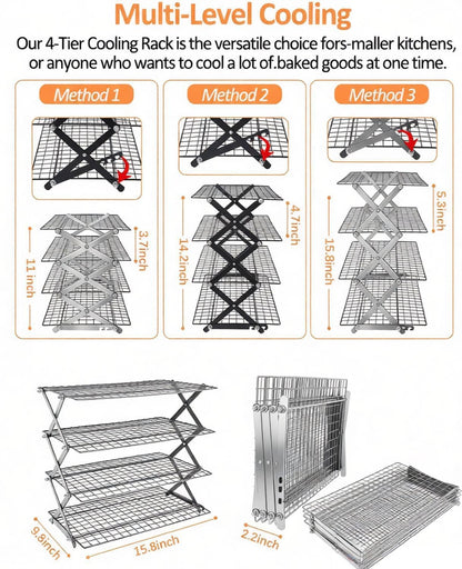 4 Tier Collapsible Cooling Rack, 2/3/4-Tier Upgraded,Adjustable ＆ Stackable Baking Rack, 5 Modes Cooling Racks for Cooking and Baking, Roasting ＆ Grilling Gifts for Picnic Party