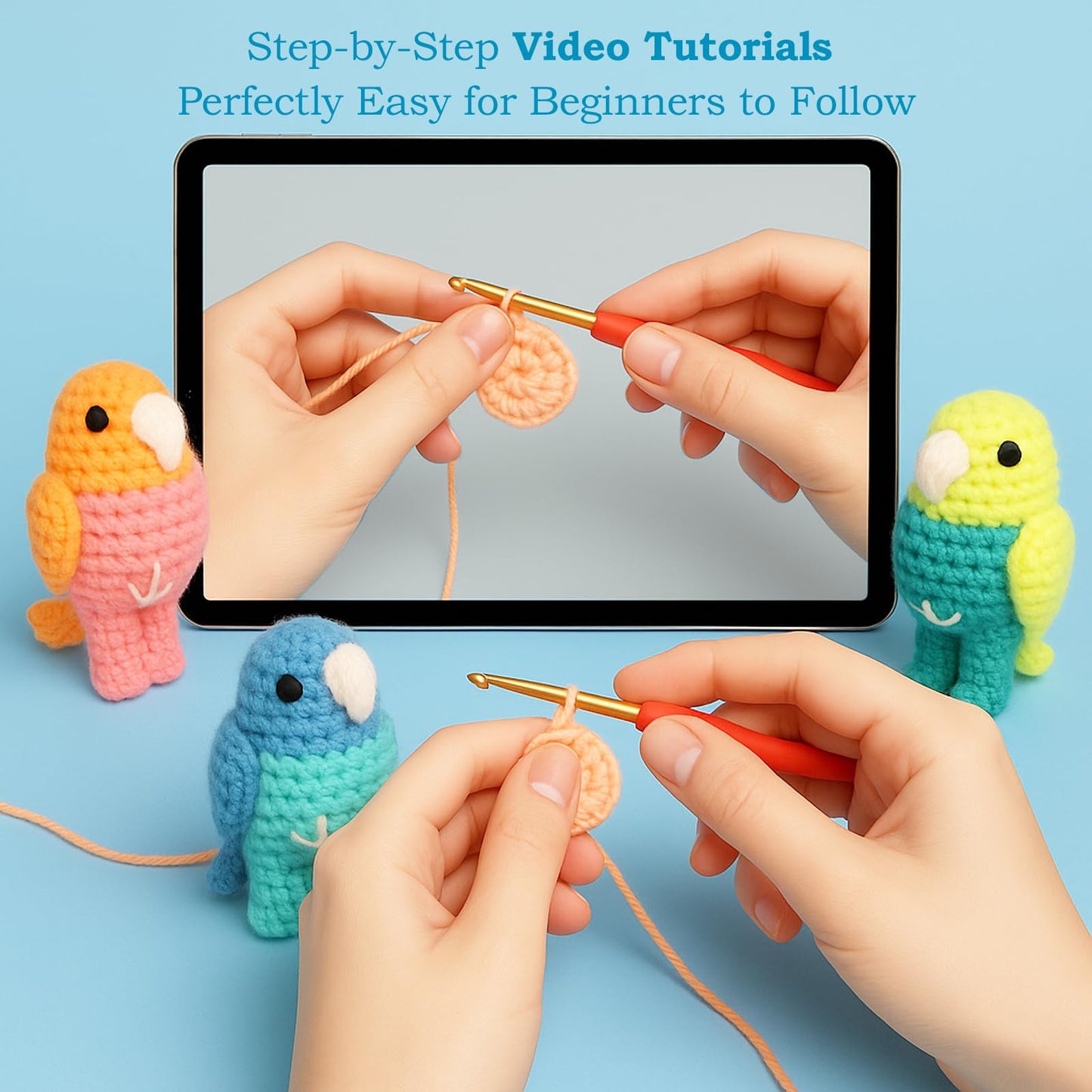 HOUSE CREATIVITY Crochet Kit for Beginners, Make 3 Mini Budgie Birds, Amigurumi Crochet Starter Kit with Step-by-Step Video Tutorial, Yarn, Hook, Eyes & Stuffing, DIY Craft Kit Gift for Adults