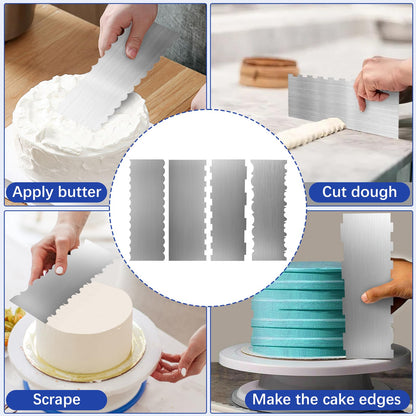 4 Pack Stainless Steel Cake Scraper,8.6 Inch Double Sided Patterned Stripe Metal Cake Smoother, Cake Decorating Comb Pastry Cutter Leveler for Mousse Butter Cream Cake Edge Baking Decoration
