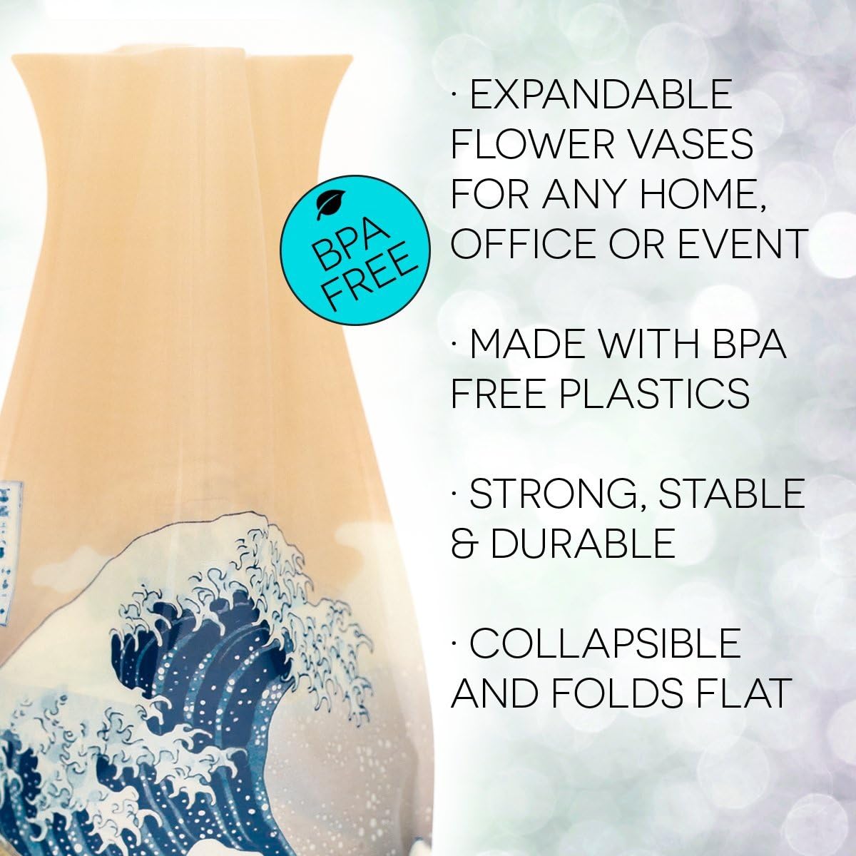 MODGY Expandable Flower Vase - Decorative Plastic Vases for Centerpieces, Dining Table Decor, The Great Wave