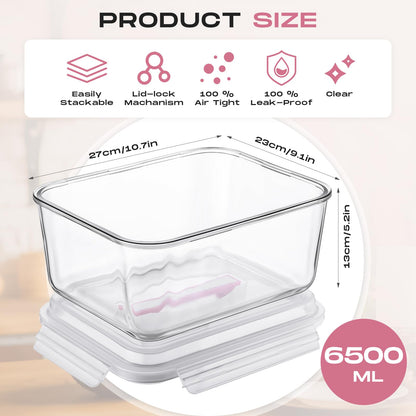 Blushtier 2 Pcs 6500 ML/ 220 oz/ 28 Cup Large Glass Food Storage Containers with Airtight Locking Lid Ideal Storing Food Vegetables Fruits Baking Casserole Lasagna Roasting Turkey, Transparent