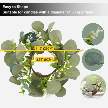 Rhytsing 4pcs Artificial Eucalyptus Leaves Candle Rings, Wreaths of Pillar Candles for Wedding and Home Decoration, Green Candlestick Holders for Spring and Summer - Inner Diameter: 3.5"