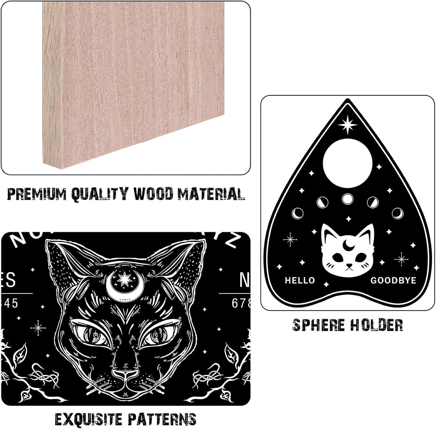 CREATCABIN Black Cat Wood Spirit Board, Talking Boards with Planchette, Wooden Dowsing Divination Kit for Wicca