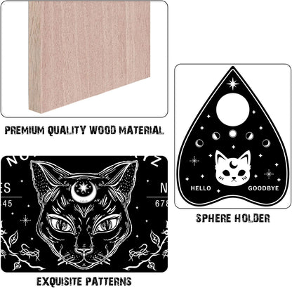 CREATCABIN Black Cat Wood Spirit Board, Talking Boards with Planchette, Wooden Dowsing Divination Kit for Wicca