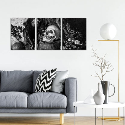 NutArtPic Skull Painting Day of the Dead Wall Art Black White Skull Flower Wall Picture Gothic Skeleton Canvas Gallery Wrapped (Black White, Small)