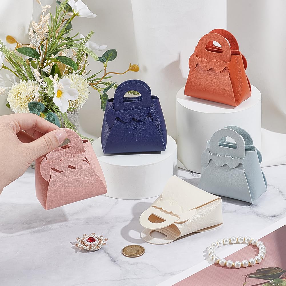 CALFOVERA 10 Pack 5 Colors PU Leather Party Favor Boxes Reusable Leather Candy Wrapping Bags Mini Gift Treat Favour Handbags with Handle for Weddings Birthdays Christmas Showers Halloween