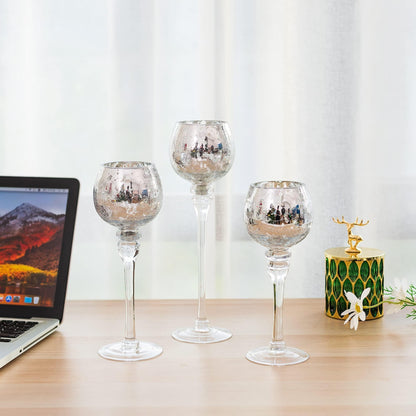 Inweder Glass Tealight Candle Holder: Silver Mercury Votive Holders 9/10/12 Inch Tall Long Setm Floating Candle Holders for Christmas Dining Table Centerpiece Wedding Party Set of 3