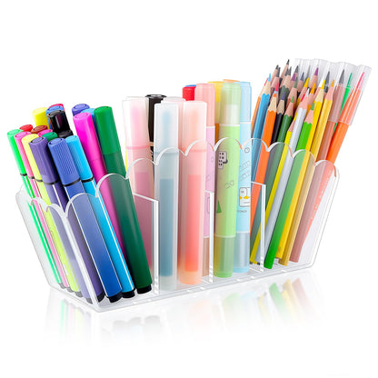 Novacrylion Scalloped Acrylic Pencil Holder – Clear Desk Organizer with 4 Compartments – Makeup Brush Holder & Remote Caddy for Office, Bathroom, Table – Party Accessory （4-Comp）