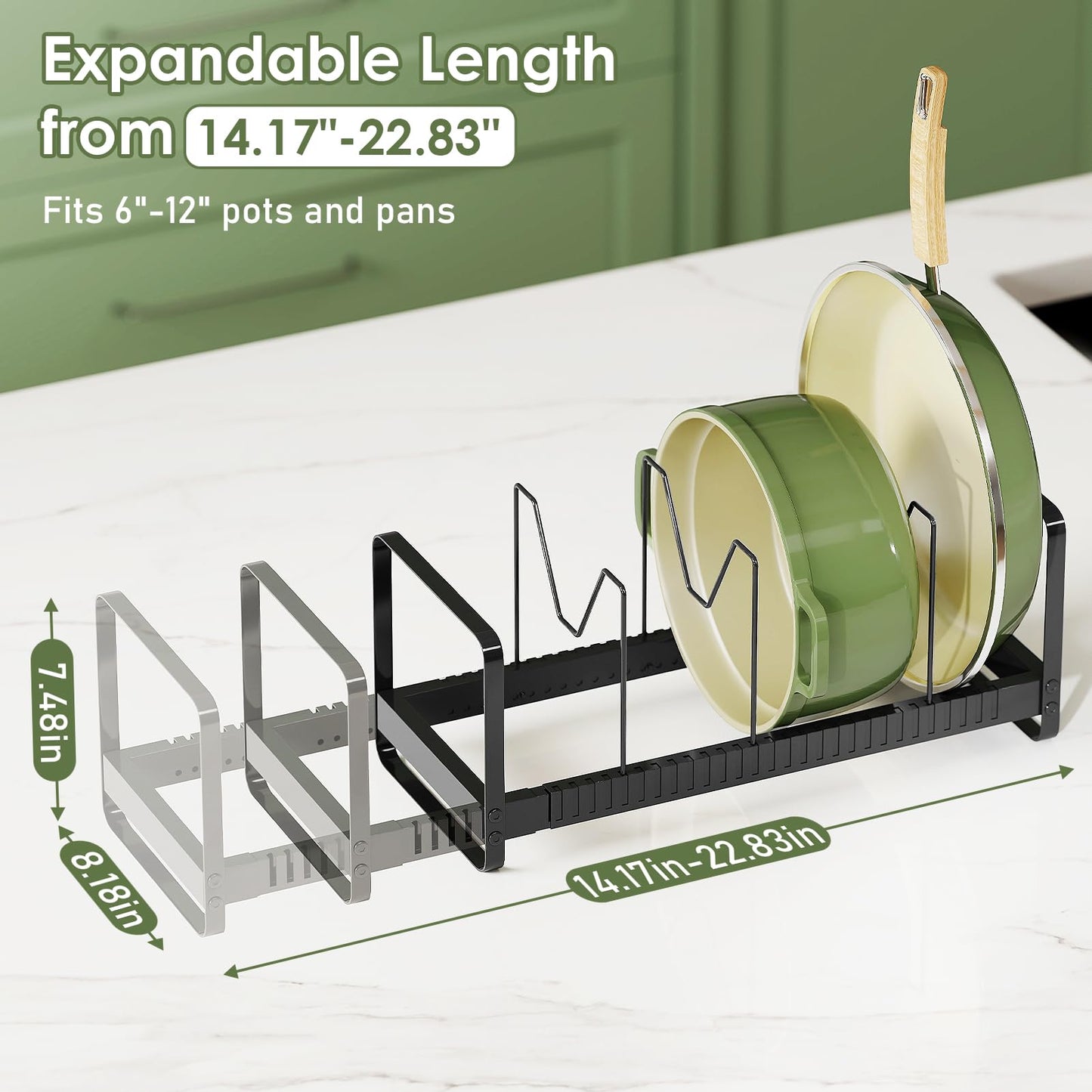 MUDEELA Pots and Pans Organizer Rack for under Cabinet, Expandable 11.81''-22.85'' Pot Lid Kitchen Cabinet Organizer Holder with 10 Adjustable Compartment Cutting Board Organizer for Pan Lid, Bakeware