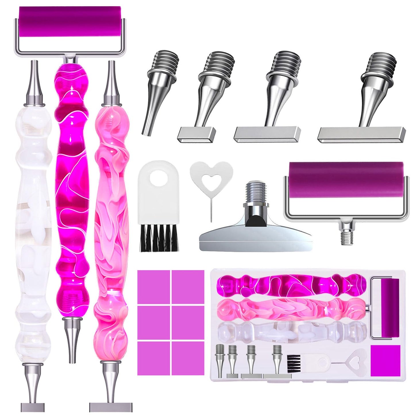 ZYNYXY 17PCS Ergonomic Diamond Art Pen Kits, with Multifunctional Metal Stainless Steel Screw Thin 1, 3, 6, 9, Tips, Correction Placers Roller Accessories (Purple + Pink + White + 5 PCS Tips)
