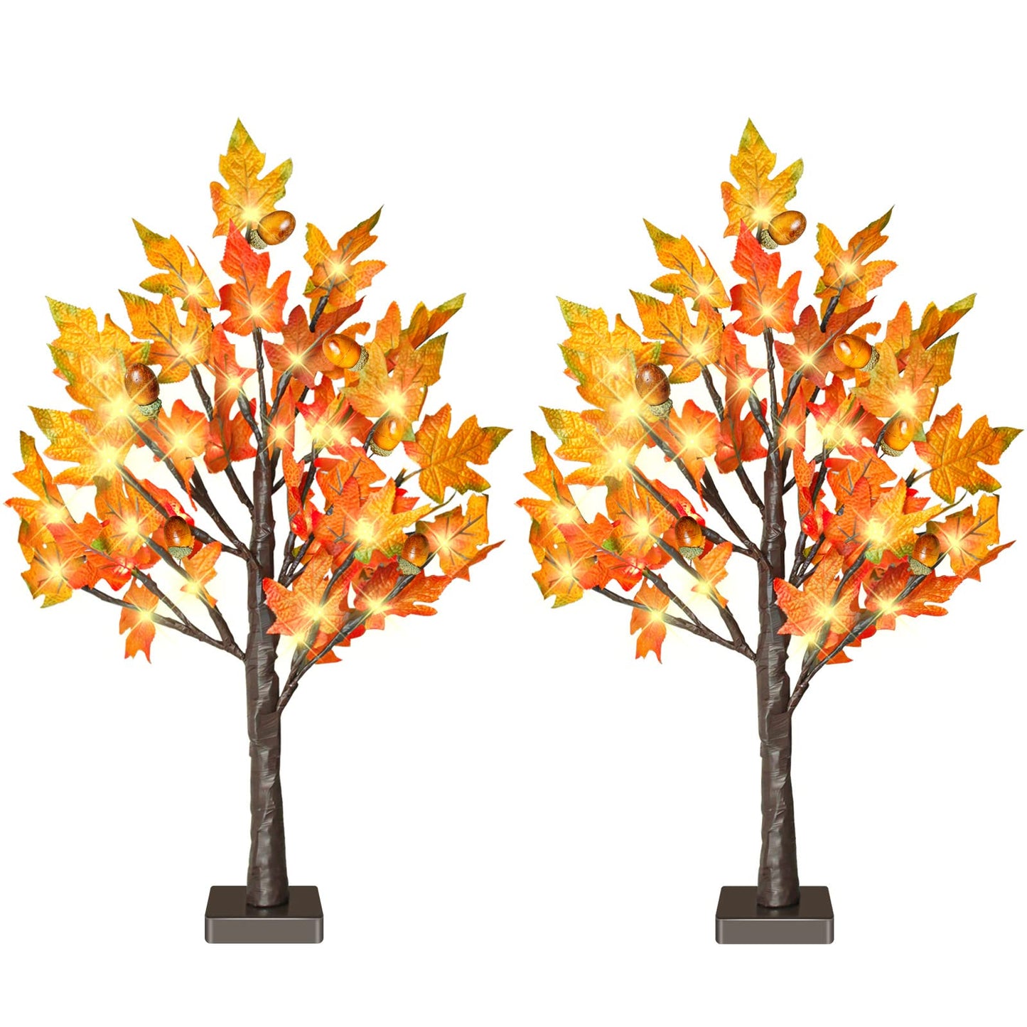 24 Inch Fall Lighted Maple Tree, 2FT Fall Tree with 36 LEDs, 6 Acorns, Timer Battery Operated, Thanksgiving Decorations Table Lights Tree for Autumn Wedding Party Gift Harvest Home