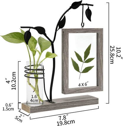 AKAZA 4x6 Picture Frames Family Desk Office Rustic Photo Frame, Water Plants Flowers Floating Double Glass Vase Tabletop Standing Home Decor, Wedding Grandma Mother Mom Gift (Dark Brown)