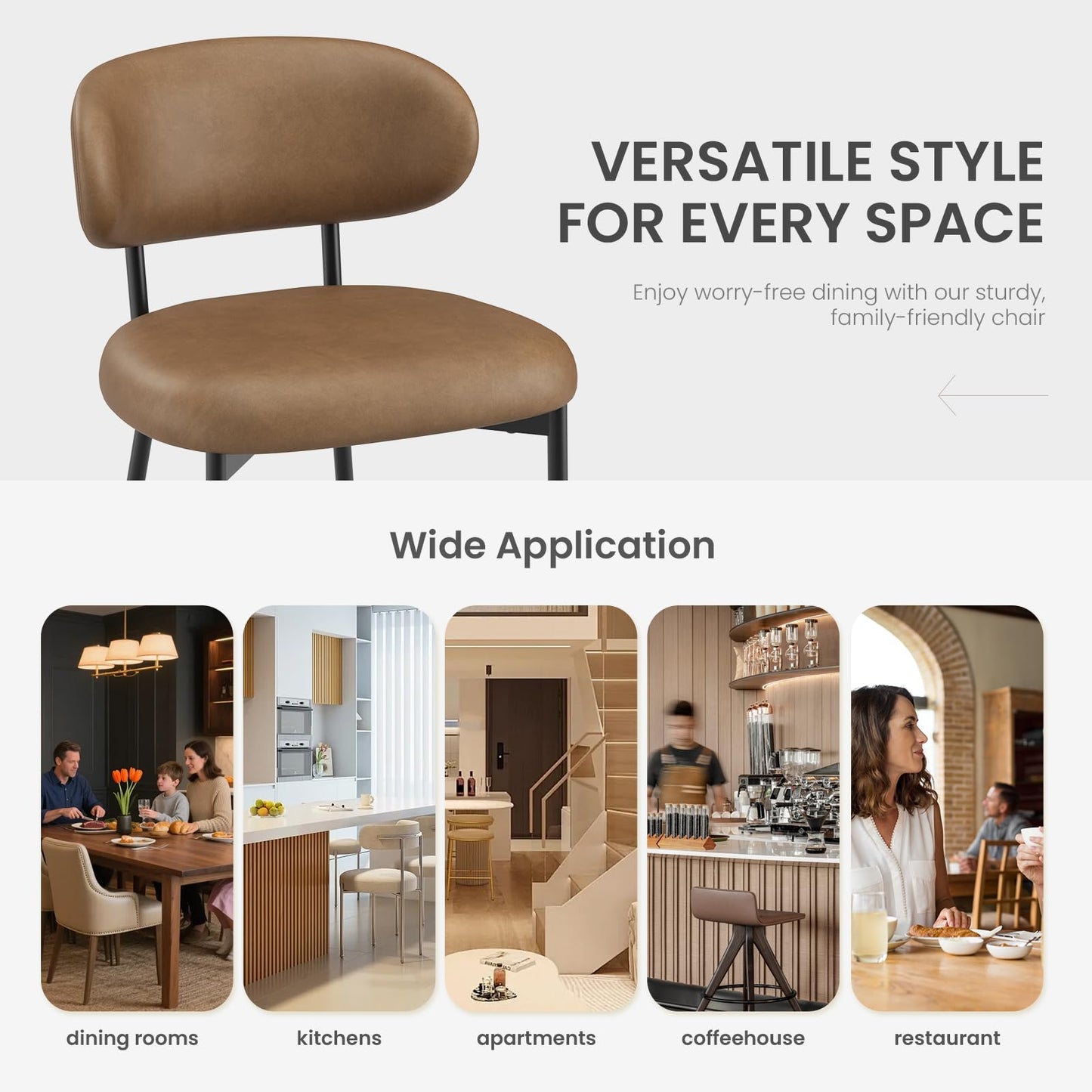 Upholstered Dining Chairs Set of 6, Modern Faux Leather Kitchen Chairs with Curved Backrest and Cushioned Seat, Sturdy Metal Legs, Modern Dining Chairs for Kitchen Dining Room, Living Room,Brown