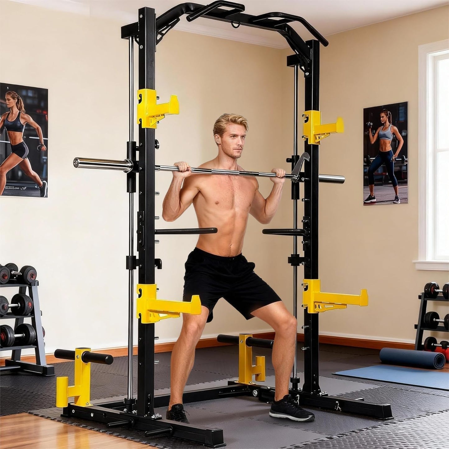Fitvids Smith Machine Power Cage, 2000lb Multi-Function Squat Rack with Weight Plate Storage, J Hooks, T-Bar Row Platform & Multiple Grip Handles for Home Gym Strength Training