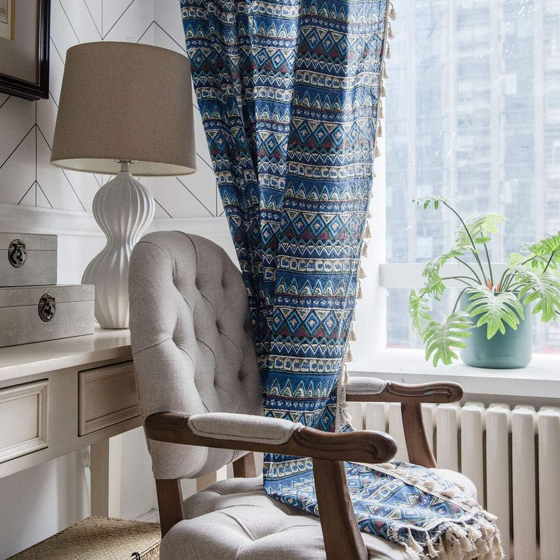 vctops Bohemian Cotton Linen Geometric Printed Window Curtain Panel, Room Darkening Curtain for Living Room, 1 Piece