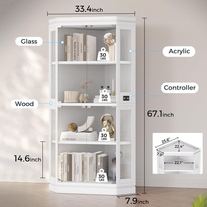 Jocoevol Corner Display Cabinet with 4 Glass Doors, 4-Tier Display Cases with RGB Lights for Collectibles, 67'' Tall Corner Curio Cabinet with Human Body Sensor for Living/Game Room (White)