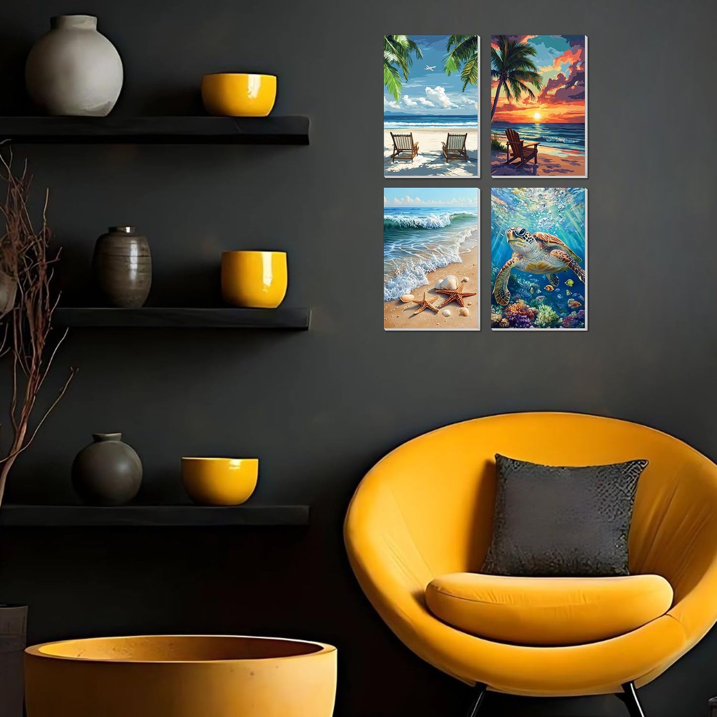 4 Pack Framed Paint By Numbers Kit for Adults Beginner Beach Adult Paint By Number Kits on Canvas Sea Turtle Painting By Numbers for Adults with Frame Diy Painting Kits for Home Wall Art 8x12 Inch