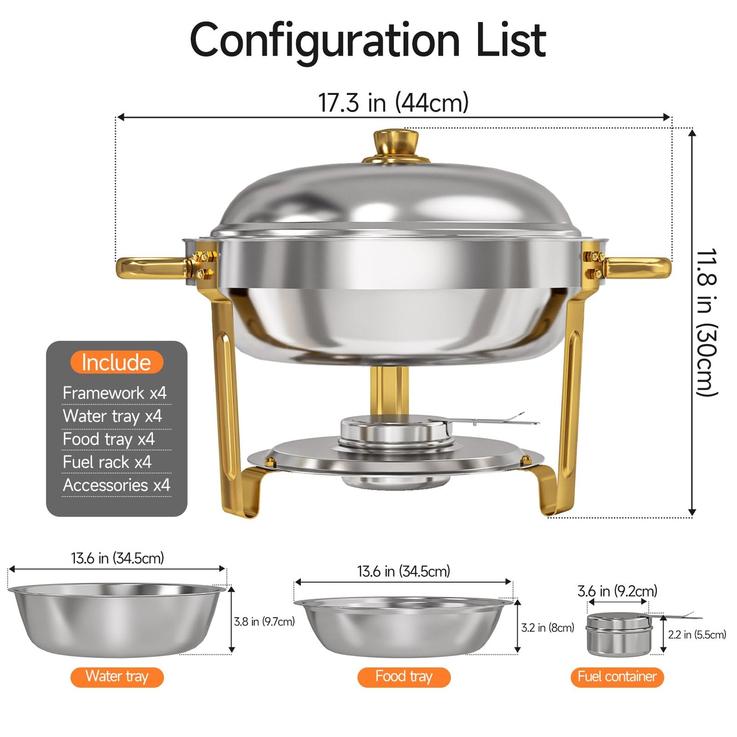 LEDLAY 6QT Stainless Steel Chafing Dishes for Buffet, Round Chafing Dish Buffet Set 4 Pack with Smooth Edge Lid, Food Warmers for Parties Buffet Golden & Silver