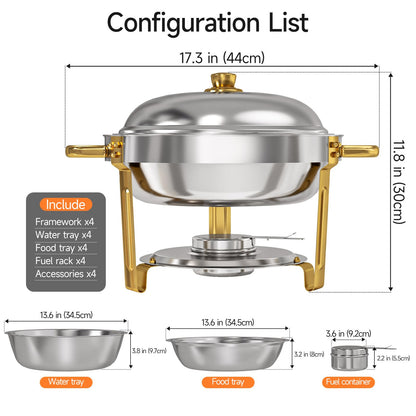LEDLAY 6QT Stainless Steel Chafing Dishes for Buffet, Round Chafing Dish Buffet Set 4 Pack with Smooth Edge Lid, Food Warmers for Parties Buffet Golden & Silver