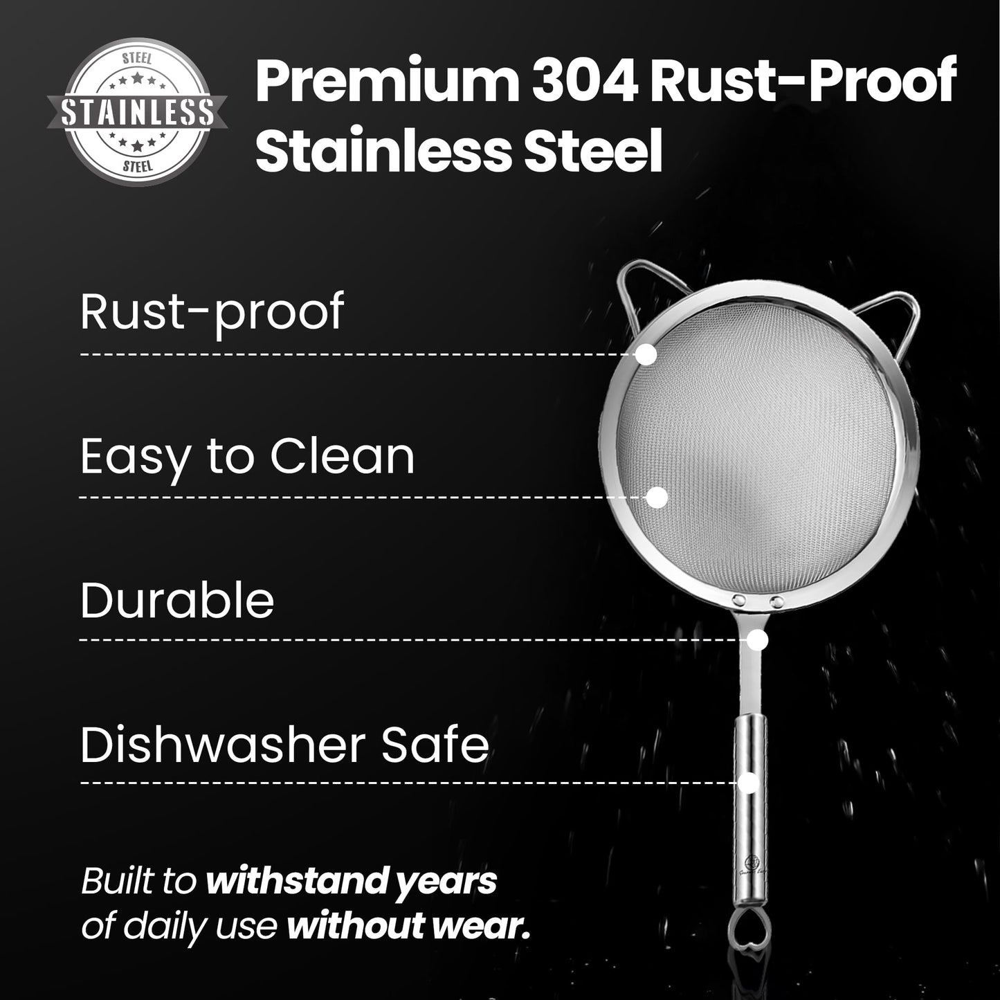 Stainless Steel Fine Mesh Strainer Set, Colander Set with 1 Large Flour Sifter (Sturdy Handle), 1 Small Mesh Sieve for Pasta & Rice, 1 Silicone Can Strainer – Durable, Dishwasher Safe, 5-Year Warranty