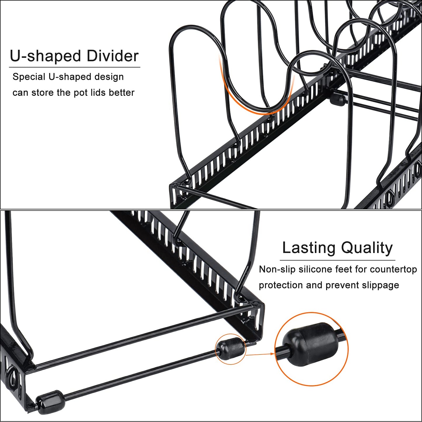 Toplife Pots and Pans Organizer Rack for Cabinet and Countertop, 10+ Pot Lids, Bakeware and Cookware Organizer Rack Holder with 10 Adjustable Compartments - Brown