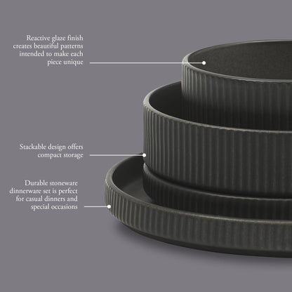 Gibson Elite Deerfield 16-Piece Stoneware Dinnerware Set – Matte Black Reactive Glaze Plates and Bowls, Stackable, Modern Design, Service for 4 – Microwave & Dishwasher Safe