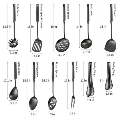 304 Stainlss Steel Matte Kitchen Utensils Set, 11 Pcs Long Metal Cooking Utensil Gadgets Tools Set with Spatula, Ladle, Spoon, Ladle, Skimmer, Tunner, Pasta Server, Tongs(Black, Dishwasher Safe)