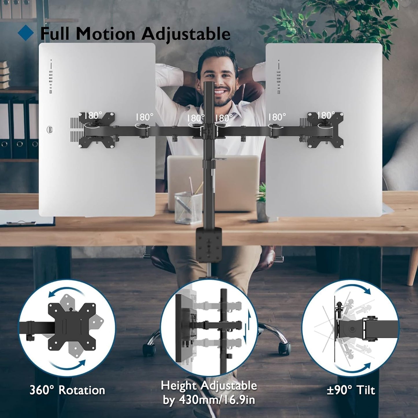 BONTEC Dual Monitor Desk Mount, Full Motion Adjustable Monitor Stand for 13–27 Inch Screens, Heavy Duty Arms Hold Up to 22 lbs Each, VESA 75x75/100x100 mm, C Clamp and Grommet Base, Cable Management