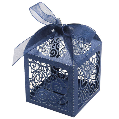 KPOSIYA 100 Pack Wedding Favor Boxes Laser Cut Boxes Party Favor Box Small Gift Boxes Lace Candy Boxes for Wedding Bridal Shower Baby Shower Birthday Party Anniverary with Ribbons (Navy, 100)