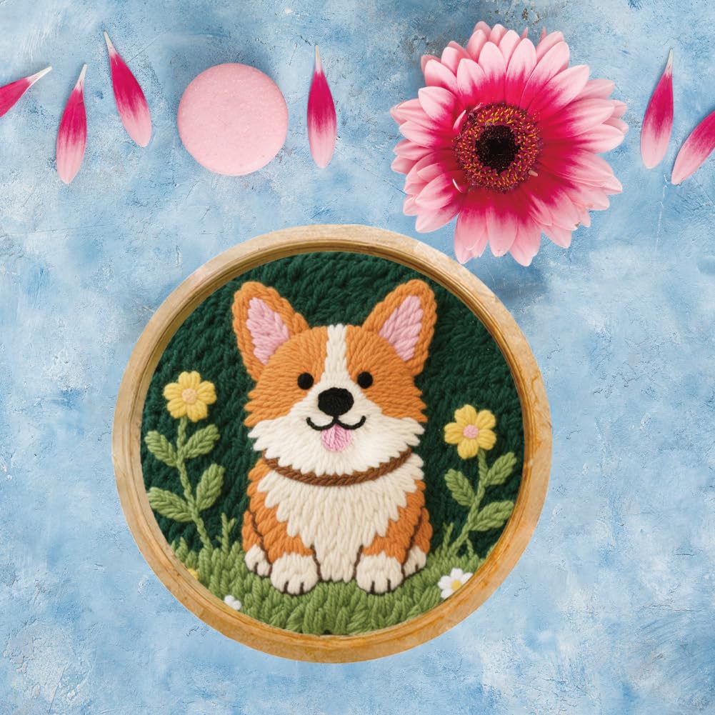 FREEBLOSS DIY Corgi Punch Needle Kit for Beginners Embroidery Punch Needle Starter Craft Set with Instructions Frame Embroidery Kit for Adults Gift Decoration 7.9''/20cm
