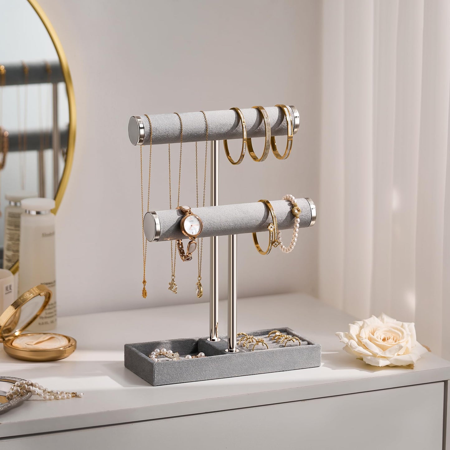 bussdis 2 Tier Bracelet Holder Display - Detachable T Bar Grey Velvet Bracelet Holder, Jewelry Holder Organizer for Bracelet, Necklace, Earrings, Rings