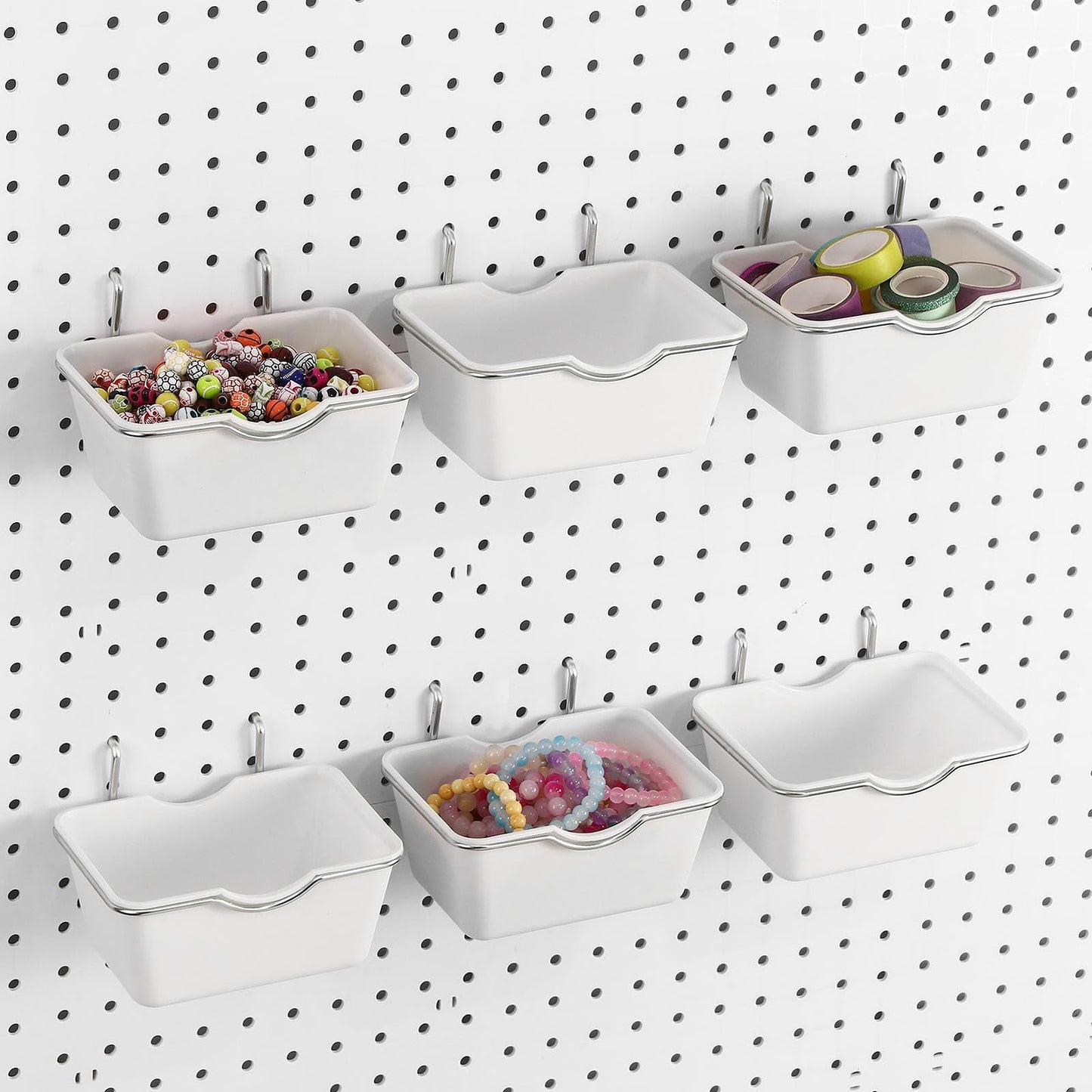 Willinglong 6 Sets Large Pegboard Bins with Hooks Loop Peboard Accessories Peg Board Hook Assortment Wall Organizer Square Box Shape Peg Board Container for Office Wall Craft Supplies Garage (White)