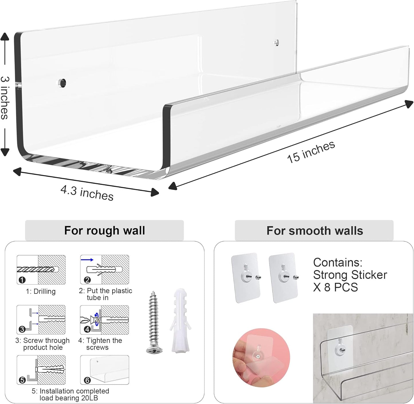 Mavachou 15 inch Display,6pcs 5MM Clear Acrylic Floating Wall Ledge Shelf Wall Mounted Nursery Kids Bookshelf Invisible