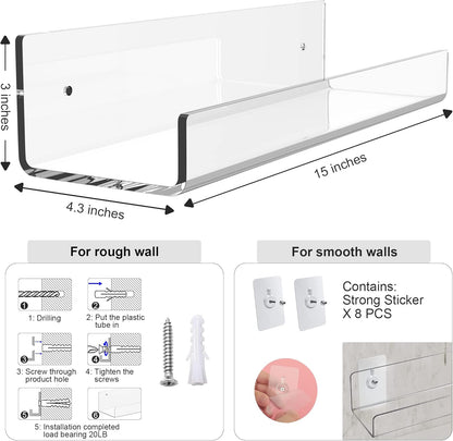 Mavachou 15 inch Display,6pcs 5MM Clear Acrylic Floating Wall Ledge Shelf Wall Mounted Nursery Kids Bookshelf Invisible