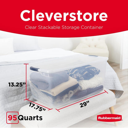 Rubbermaid Cleverstore 95 Qt Clear Storage Bins - Stackable, BPA-Free, 4-Pack, Made in USA