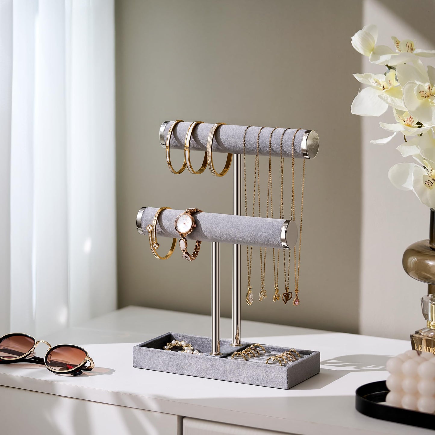 bussdis 2 Tier Bracelet Holder Display - Detachable T Bar Grey Velvet Bracelet Holder, Jewelry Holder Organizer for Bracelet, Necklace, Earrings, Rings