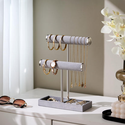 bussdis 2 Tier Bracelet Holder Display - Detachable T Bar Grey Velvet Bracelet Holder, Jewelry Holder Organizer for Bracelet, Necklace, Earrings, Rings