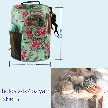 WAZAIGUR Green Flowers Pattern Large Capacity Multifunctional Crocheting Knitting Project Bag Strong Yarn Storage Organizer Bag Tote Travel Crochet Needles Bag