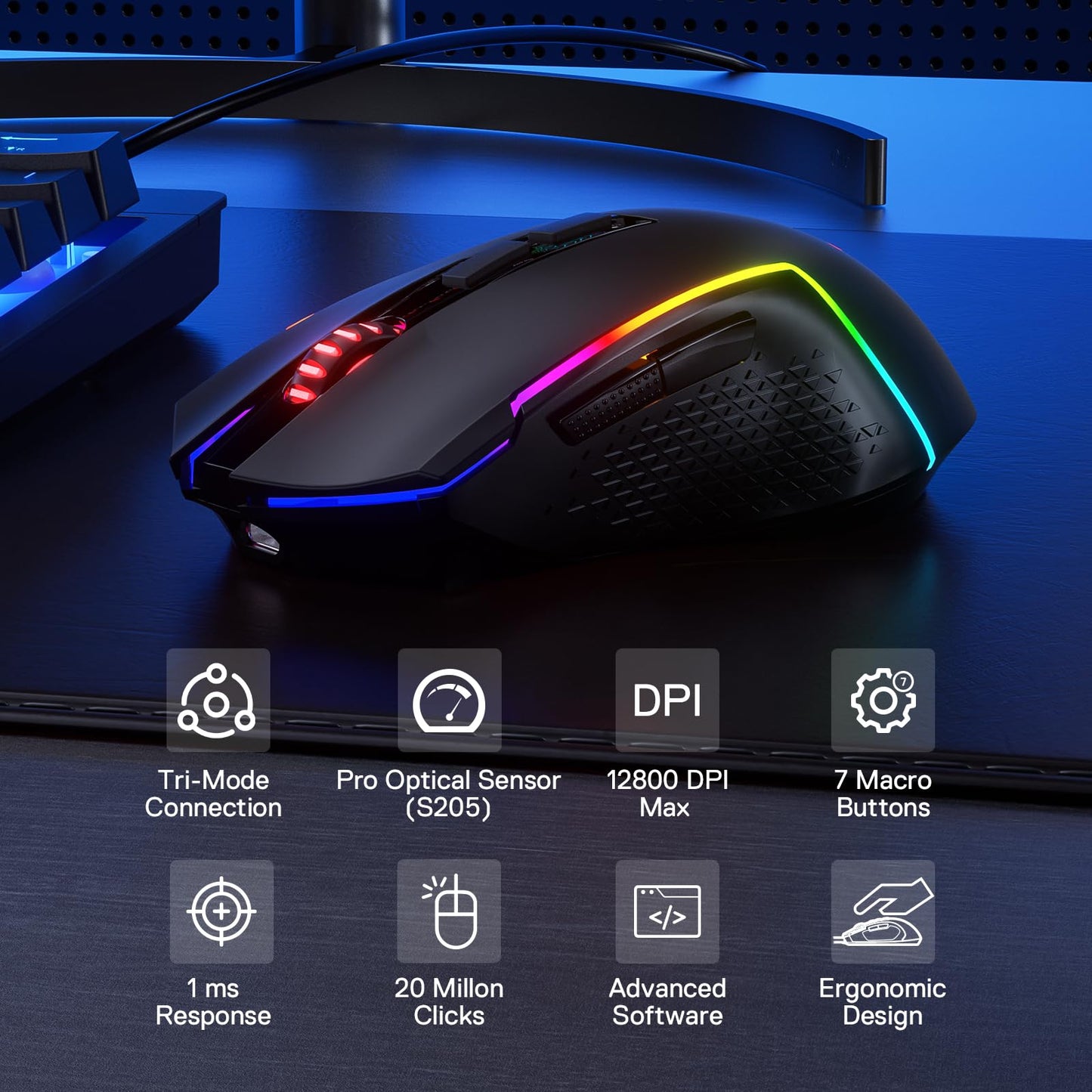 Redragon M693 Wireless Gaming Mouse, 8000 DPI Mice w/ 3-Mode Connection, BT & 2.4G Wireless, 7 Macro Buttons, Reliable Power Capacity for PC/Mac/Laptop