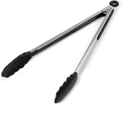 Long Kitchen Grill Tongs, Heavy Duty Stainless Steel with Locking Heat Resistant Non-Stick Silicone Tips