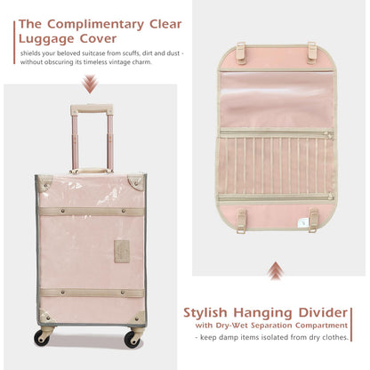 UNIWALKER Vintage Leather Suitcase Set of 2, Retro Trunk Style Spinner Luggage with Cosmetic Train Bag for Women(Velvet Pink, 26''+12'')